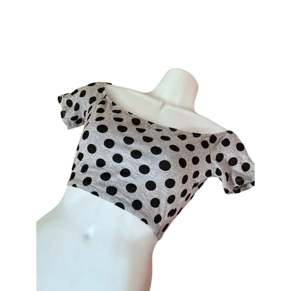 Y2K 2000s style XXI Forever 21 Gray Black Polka Dot Off Shoulder Crop Top - Picture 2 of 6